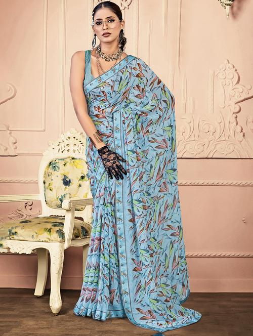 purist blue colored printed saree with blouse - 20335262 - Very Small Image - 1