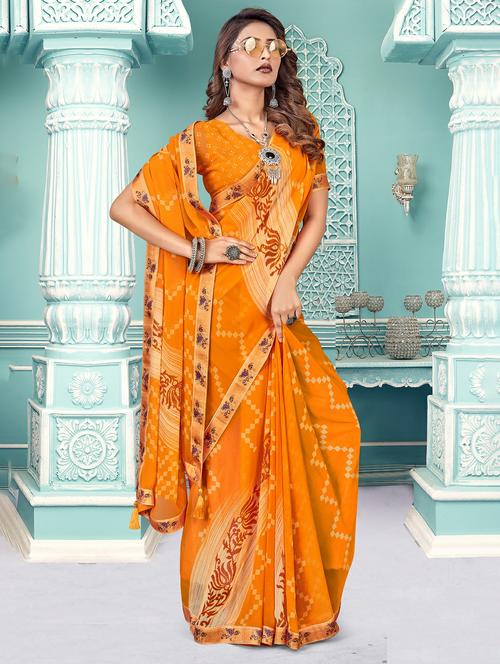 orange colored printed saree with blouse - 20335271 - Very Small Image - 1