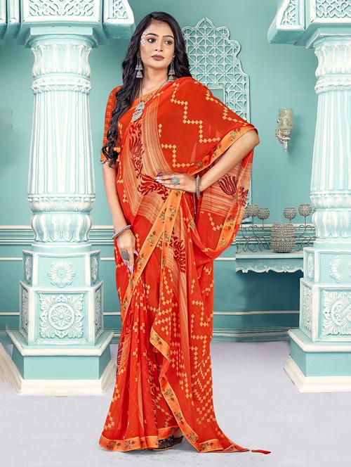 orange colored printed saree with blouse - 20335274 - Very Small Image - 1