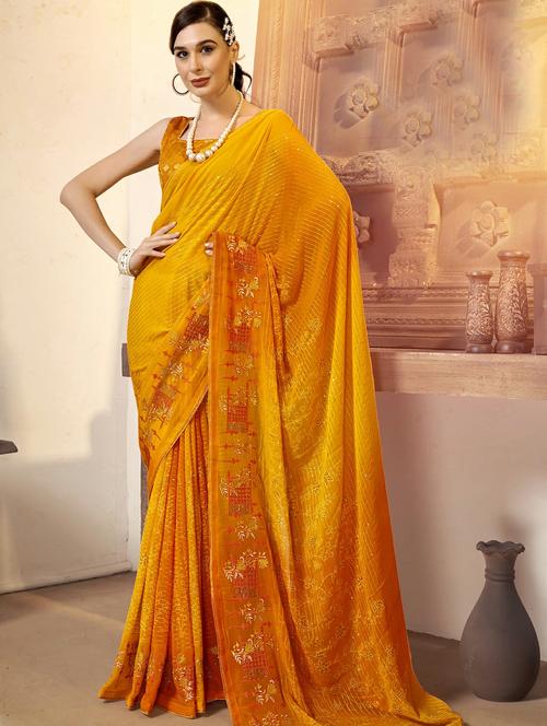 orange colored printed saree with blouse - 20335329 - Very Small Image - 1
