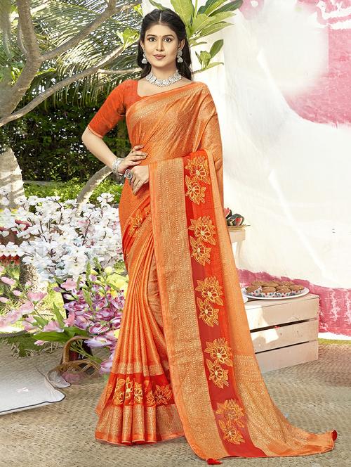 orange colored printed saree with blouse - 20335350 - Very Small Image - 1