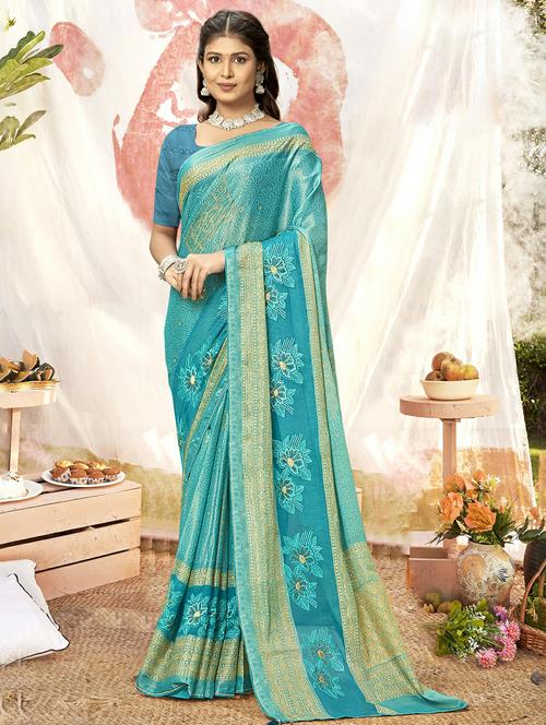 turquoise colored printed saree - 20335354 - Very Small Image - 1