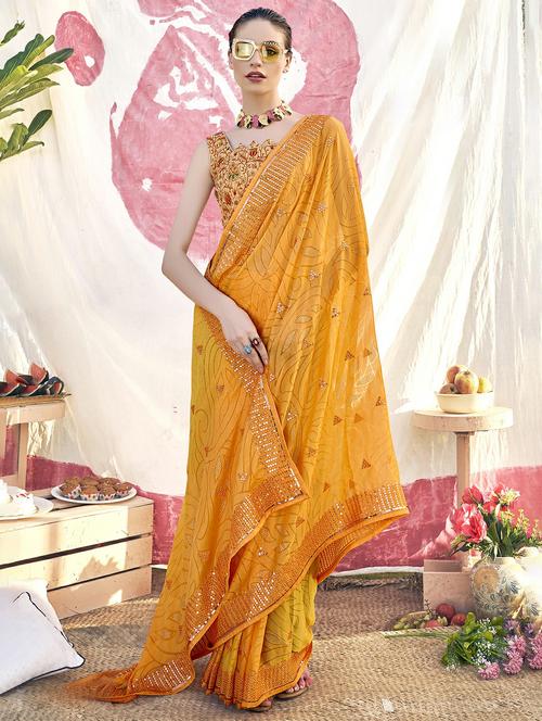 orange colored embellished saree with blouse - 20335372 - Very Small Image - 1