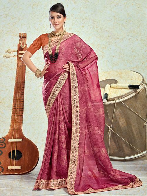 women's floral coral colored saree with blouse - 20335398 - Very Small Image - 1