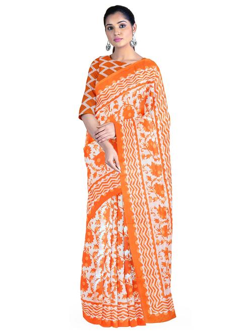 orange colored printed saree with blouse - 20336442 - Very Small Image - 1
