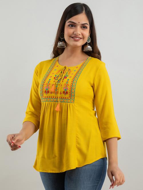 yellow embroidered cotton kurti - 20336861 - Very Small Image - 1