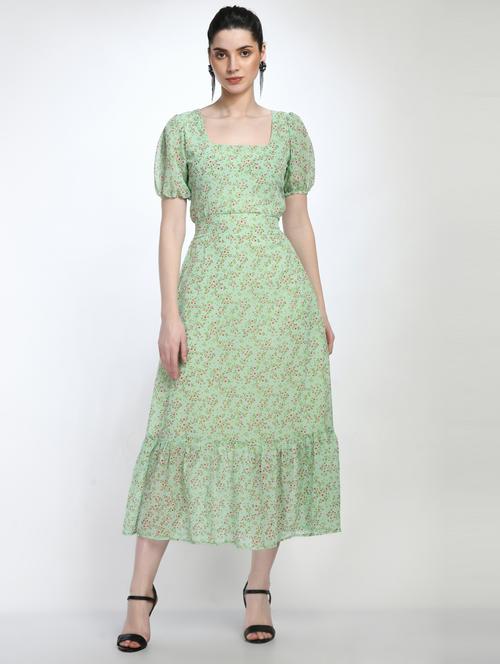 green floral print puff sleeves a-line dress - 20341026 - Very Small Image - 1