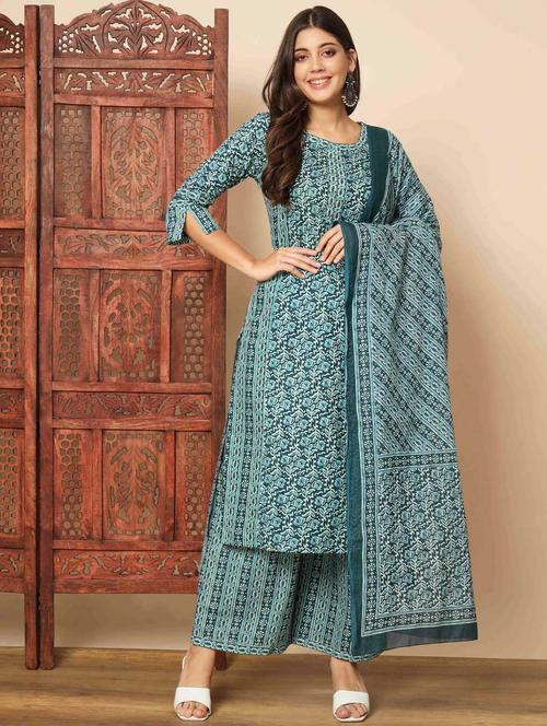 teal three quarter sleeve kurta palazzo set - 20342305 - Very Small Image - 1