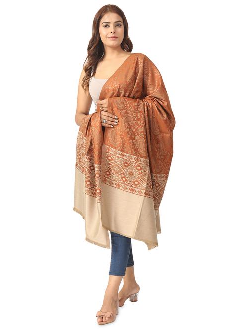 women self designed brown wool pashmina shawl - 20343575 - Very Small Image - 1