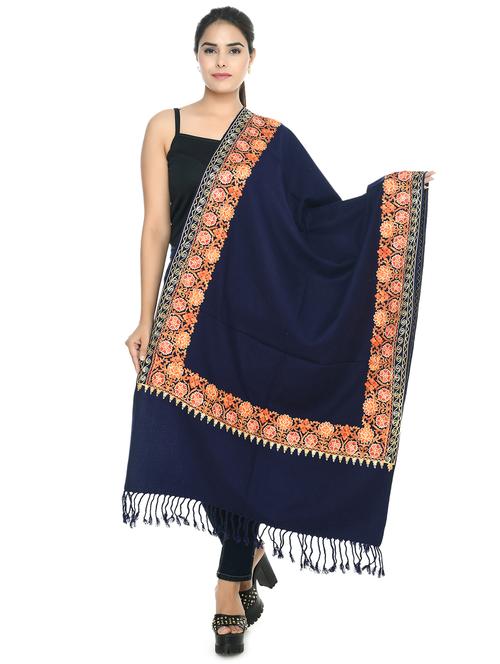 women self designed navy blue wool pashmina shawl - 20343920 - Very Small Image - 1