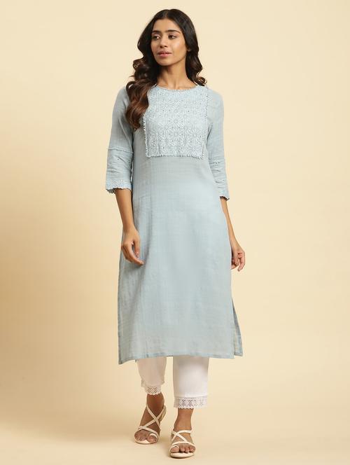 women blue cotton straight kurta - 20344286 - Very Small Image - 1