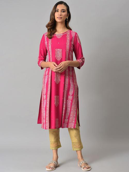 women pink viscose straight kurta - 20344288 - Very Small Image - 1