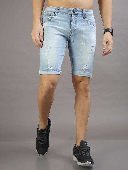 men blue washed skinny fit cotton short - 20344411 - Very Small Image - 1
