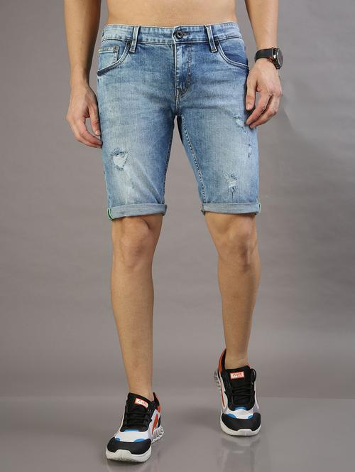 men blue ripped cotton skinny fit short - 20344416 - Very Small Image - 1