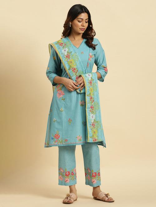 women light blue v neck kurta pant set with dupatta - 20344916 - Very Small Image - 1
