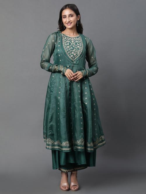 green embroidered layered kurta pant set - 20344950 - Very Small Image - 1