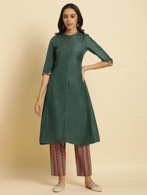 w women green polka print shantung kurta with straight pant - 20344954 - Very Small Image - 1