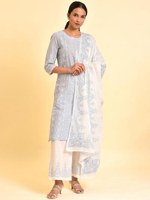 women purist blue round neck kurta palazzo set with dupatta - 20344977 - Very Small Image - 1