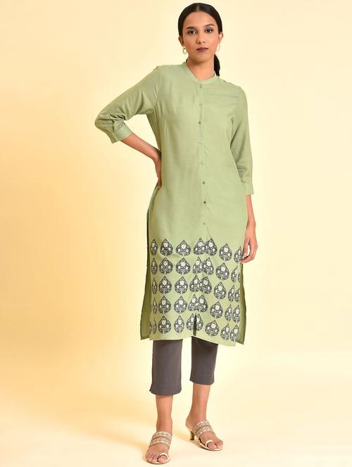 women green mandarin neck kurta pant set - 20344982 - Very Small Image - 1