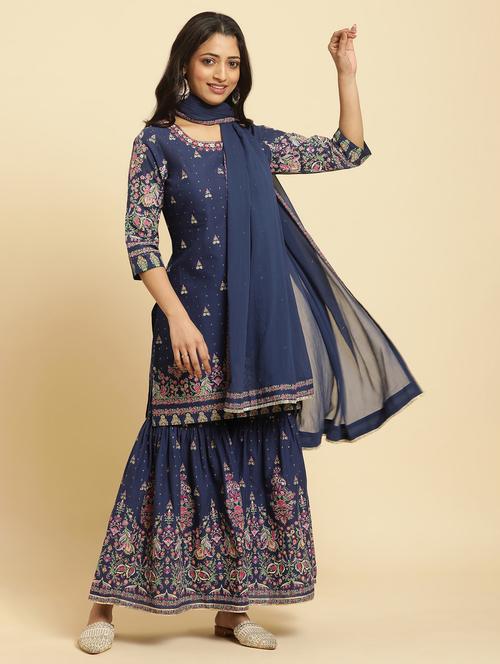 women navy blue kurta sharara set with dupatta - 20345002 - Very Small Image - 1