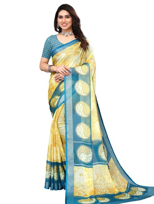 yellow colored printed saree with blouse - 20346852 - Very Small Image - 1