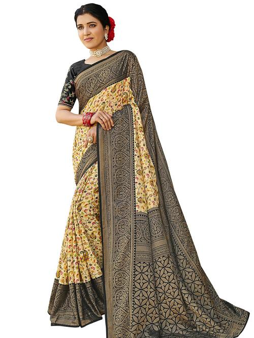 beige colored printed saree with blouse - 20347070 - Very Small Image - 1