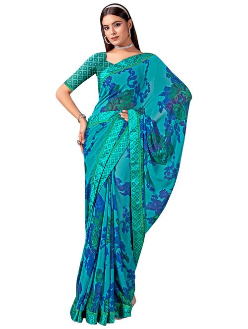 women light blue floral printed saree with blouse - 20347076 - Very Small Image - 1