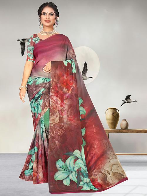 floral printed saree with blouse - 20347103 - Very Small Image - 1