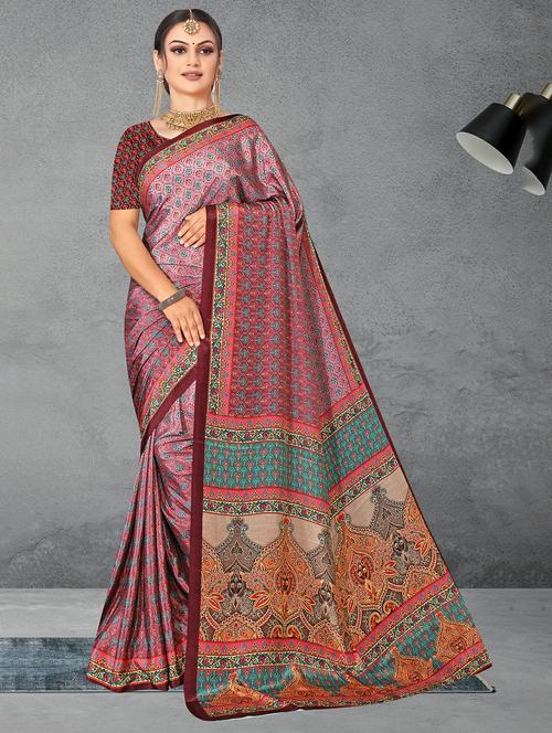mauve colored printed saree with blouse - 20347115 - Very Small Image - 1