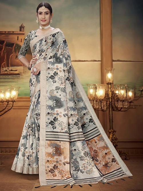 women beige floral print saree with blouse - 20347129 - Very Small Image - 1