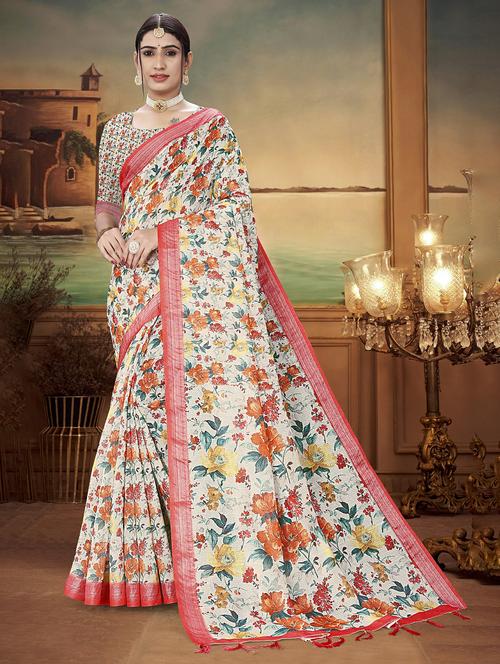 women white floral print saree with blouse - 20347132 - Very Small Image - 1