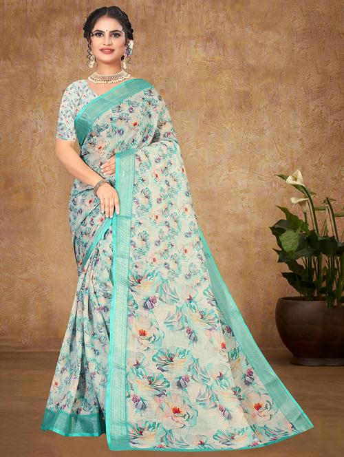 women white floral printed saree with blouse - 20347143 - Very Small Image - 1
