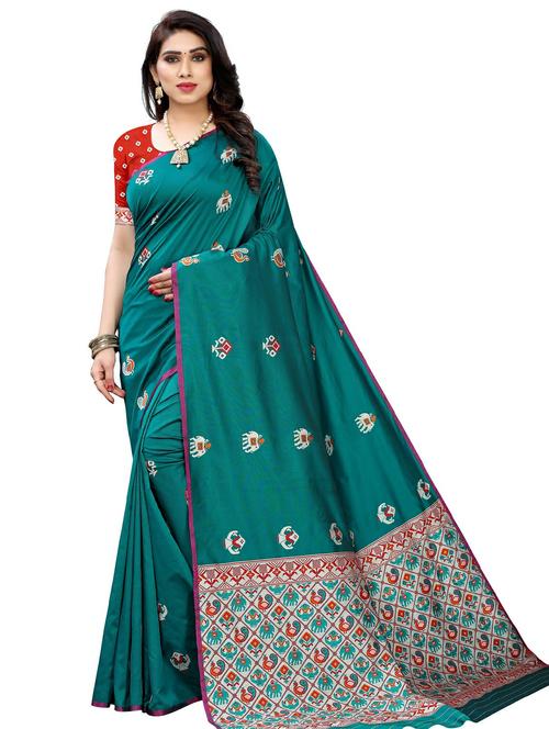 women's madhubani teal colored saree with blouse - 20347153 - Very Small Image - 1