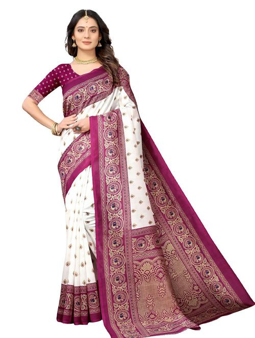 contrast border printed saree with blouse - 20347278 - Very Small Image - 1