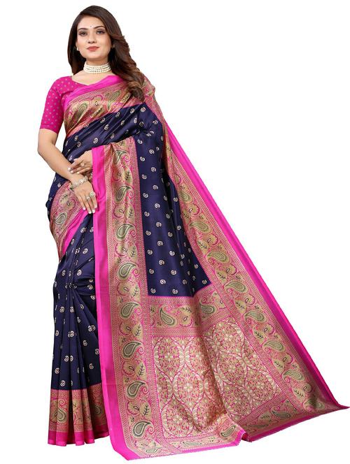 women's self design navy blue colored saree with blouse - 20347965 - Very Small Image - 1
