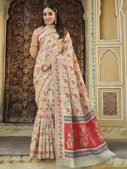 cream colored banarasi saree with blouse - 20348464 - Very Small Image - 1