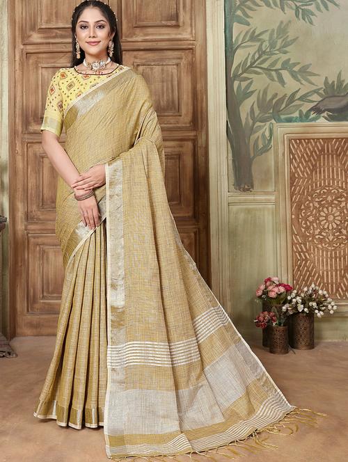 women's self design mustard colored saree with blouse - 20348472 - Very Small Image - 1