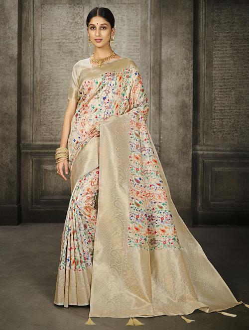 women's self design beige colored saree with blouse - 20348504 - Very Small Image - 1