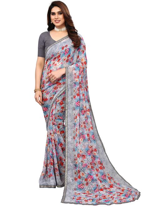 grey colored printed saree with blouse - 20348716 - Very Small Image - 1