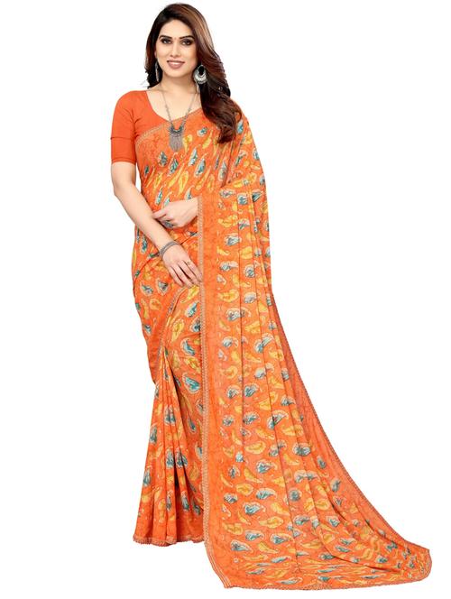 women's paisley orange colored saree with blouse - 20348771 - Very Small Image - 1