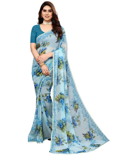 light blue colored printed saree with blouse - 20348784 - Very Small Image - 1