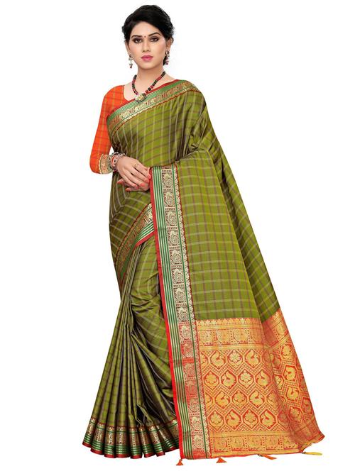 women's checks dark green colored saree - 20348867 - Very Small Image - 1