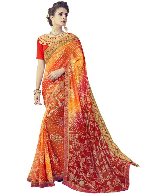 orange bandhani printed saree with blouse - 20348931 - Very Small Image - 1