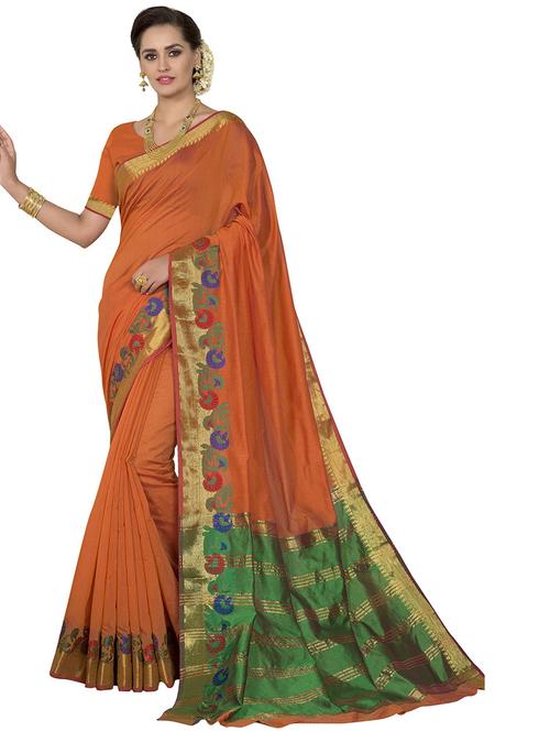orange self design bordered saree with blouse - 20348939 - Very Small Image - 1