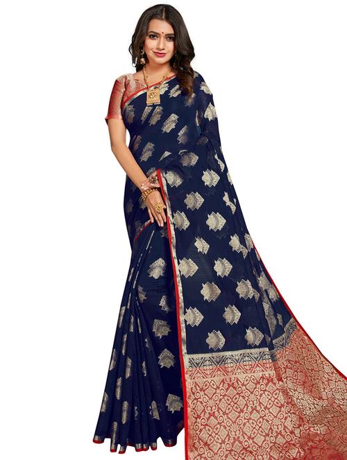 navy blue colored chanderi saree with blouse - 20348960 - Very Small Image - 1