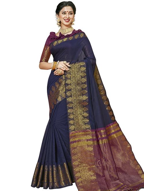 navy blue self design kanjivaram saree with blouse - 20349154 - Very Small Image - 1