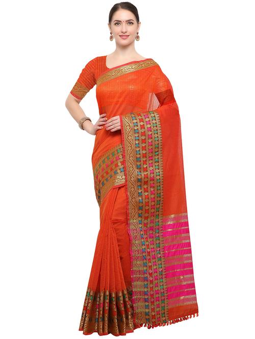 orange solid with bordered saree with blouse - 20349179 - Very Small Image - 1