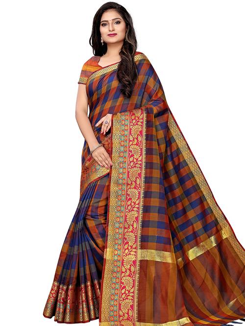 women's checks multi colored saree with blouse - 20349182 - Very Small Image - 1