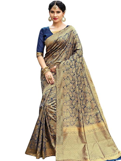 blue self design banarasi saree with blouse - 20349227 - Very Small Image - 1