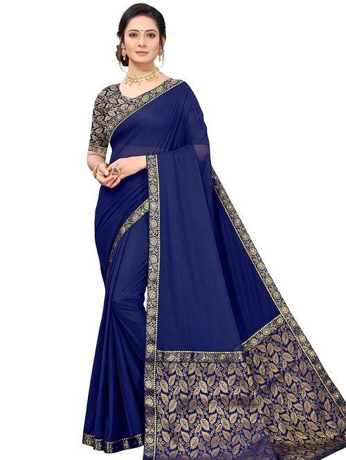 navy blue colored bordered saree with blouse - 20349293 - Very Small Image - 1